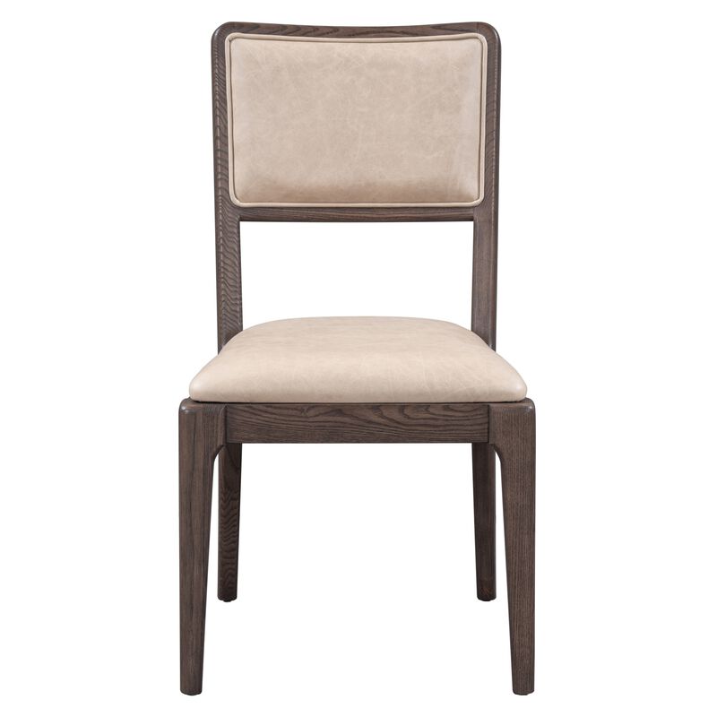 Ese 25 Inch Dinning Chair, Beige Real Leather, Open Style, Brown Solid Wood - Benzara