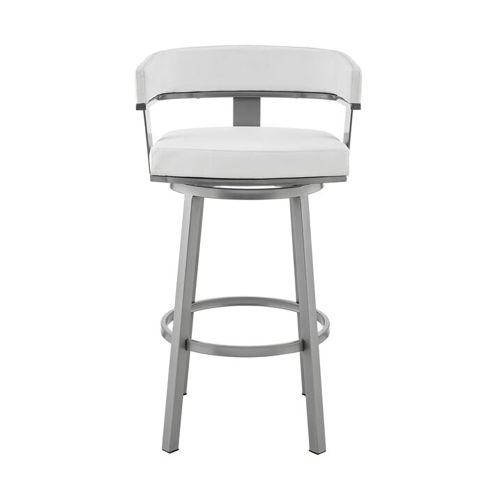 Jack 30 Inch Bar Height Stool, Swivel Chair, Vegan Faux Leather, White-Benzara