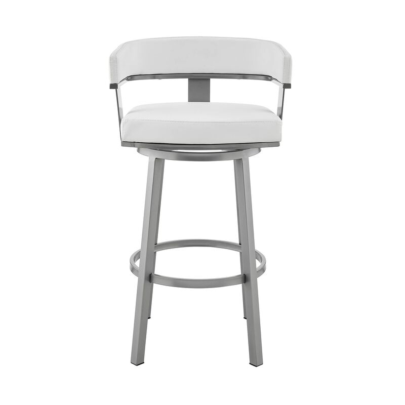 Jack 30 Inch Bar Height Stool, Swivel Chair, Vegan Faux Leather, White-Benzara