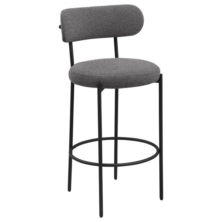 Winona Bar Chair Set of 2, Gray Boucle Fabric, Black Metal 30 Inch - Benzara
