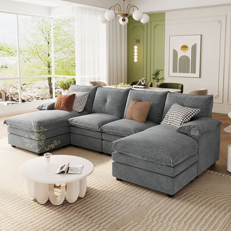 Merax U-Shaped Chenille Sectional Sofa with Adjustable Armrest Pillows