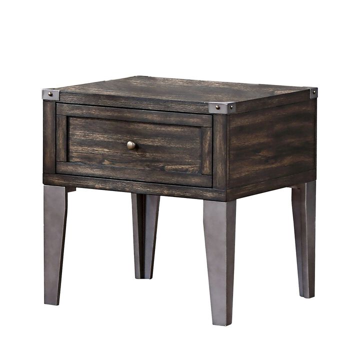 1 Drawer Wooden End Table with Metal Angled Legs, Brown-Benzara