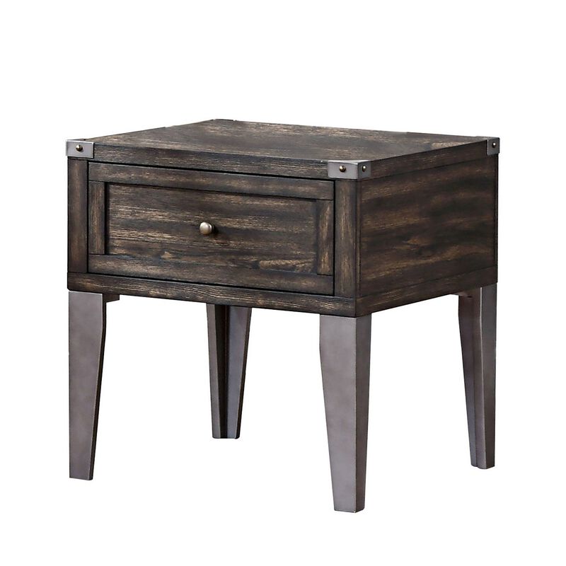 1 Drawer Wooden End Table with Metal Angled Legs, Brown-Benzara