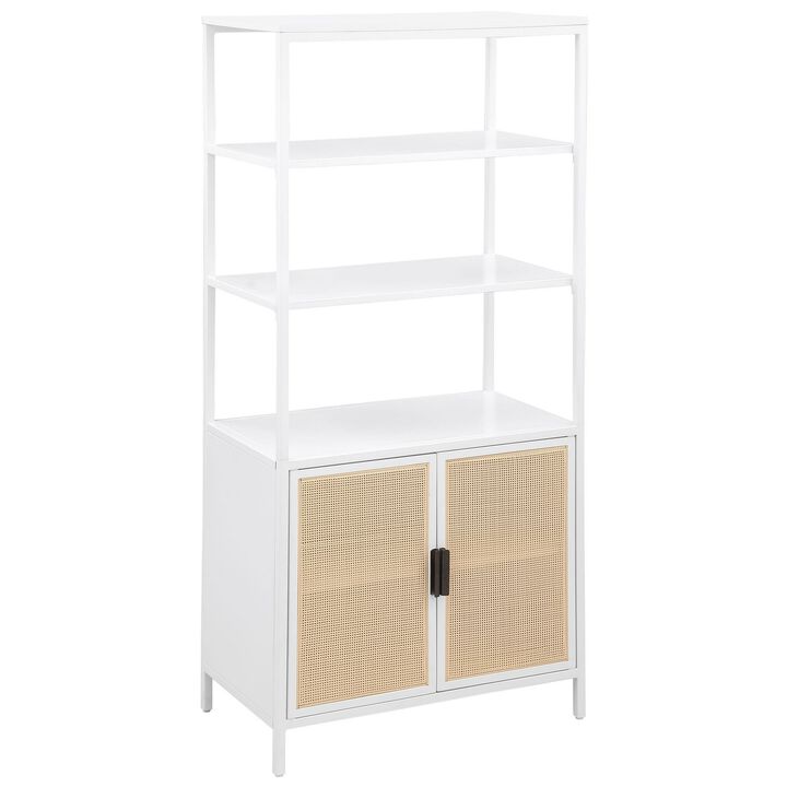 Lanie Tall Accent Cabinet, 3 Shelves 2 Doors, PE Cane, White Metal - Benzara