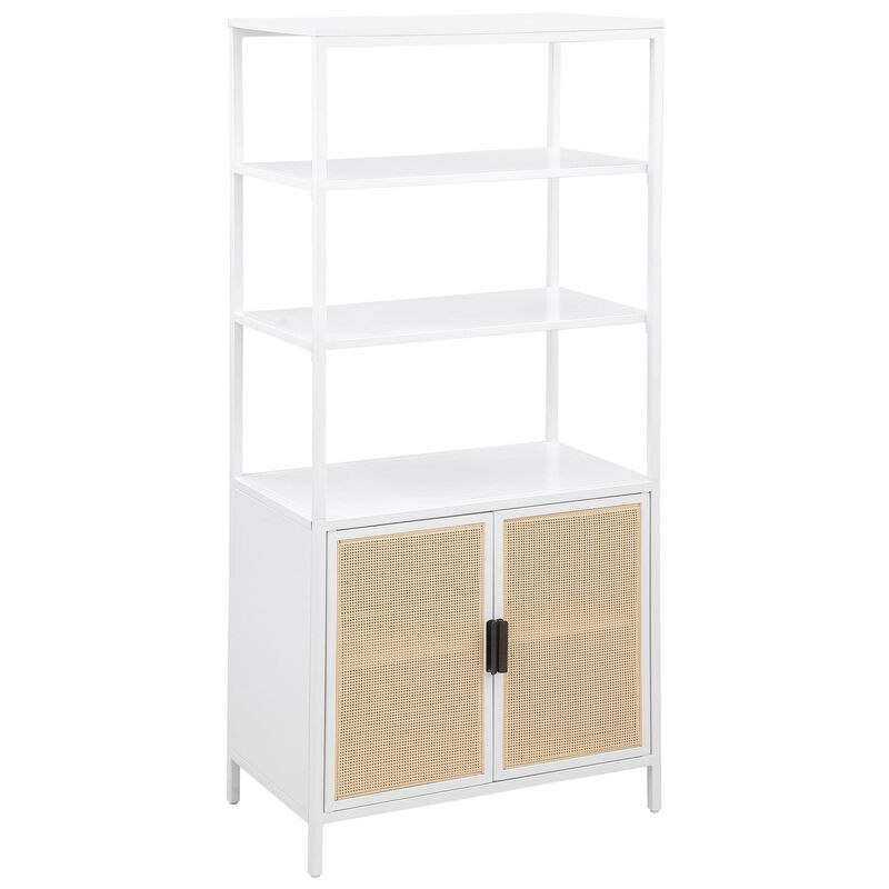 Lanie Tall Accent Cabinet, 3 Shelves 2 Doors, PE Cane, White Metal - Benzara
