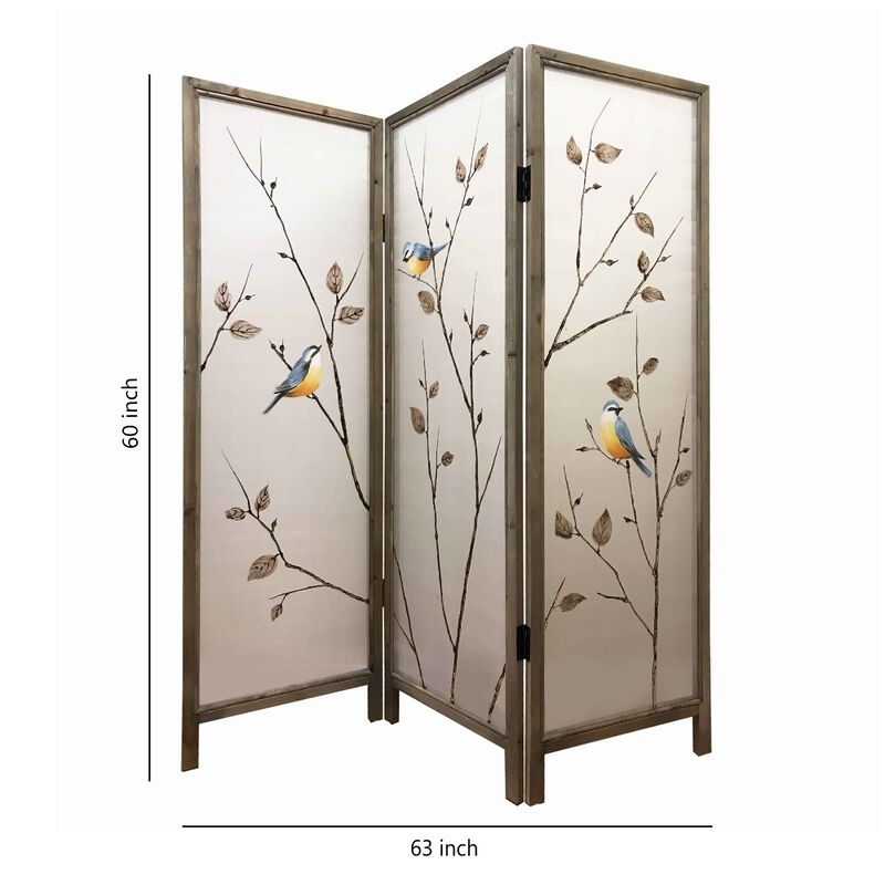 Art Styled 3 Panel Wooden Screen with Hand painted Fabric Design, Beige - Benzara