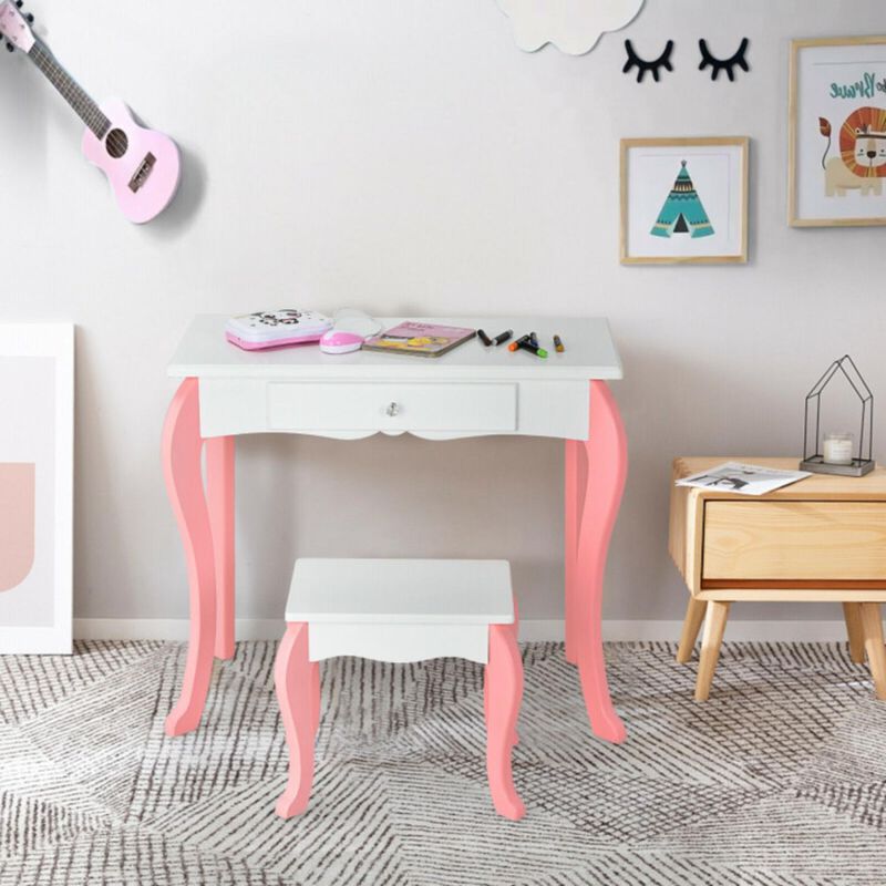 Hivvago Kids Vanity Princess Makeup Dressing Table Stool Set with Mirror and Drawer