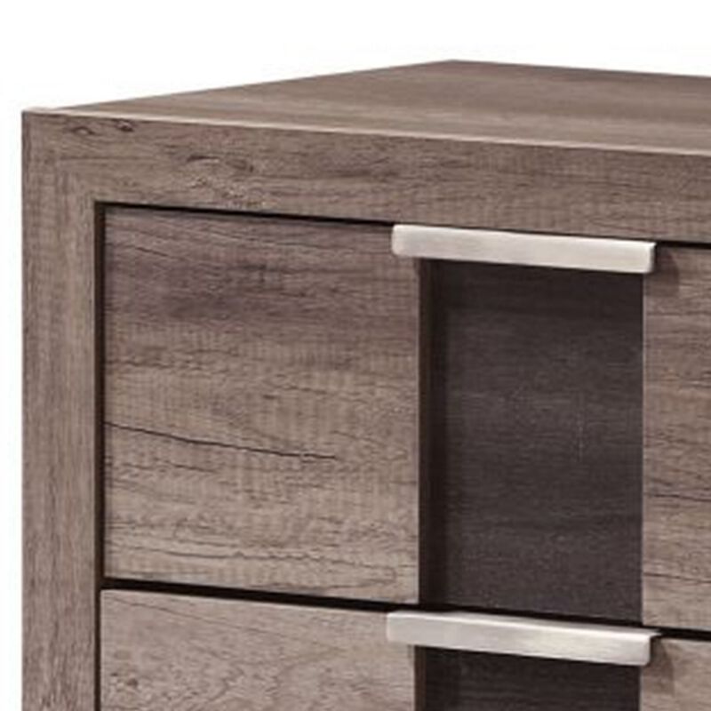 Rangley 24 Inch Nightstand, 2 Drawers, Chrome Metal Handles, Brown Wood - Benzara