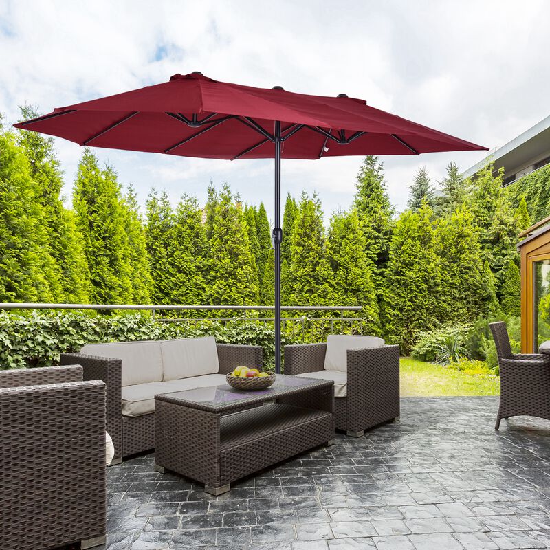 15' Outdoor Double Sided Market Patio Umbrella  Steel Rectangular - Wine Red