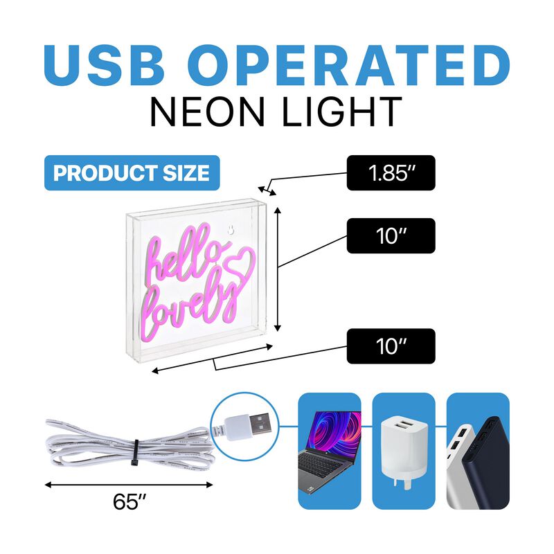 Hello Lovely 10" Square Contemporary Glam Acrylic Box USB Operated LED Neon Light
