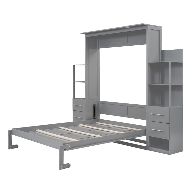 Queen Size Murphy Bed Wall Bed With Shelves, Drawers And LED Lights