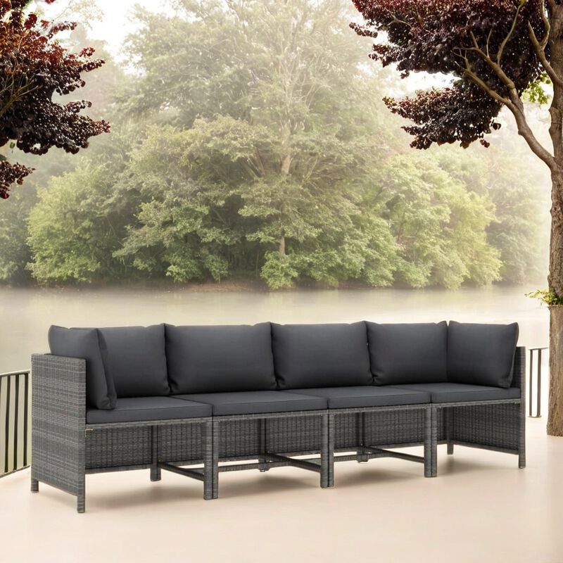 Ley 4pc Outdoor Modular Sofa Set, Dark Gray Polyester, Poly Rattan - Benzara