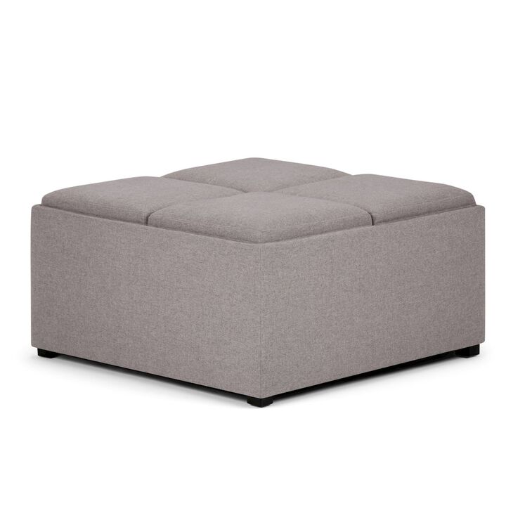 Simpli Home Avalon Square Coffee Table Storage Ottoman In Cloud Grey Linen Look Fabric