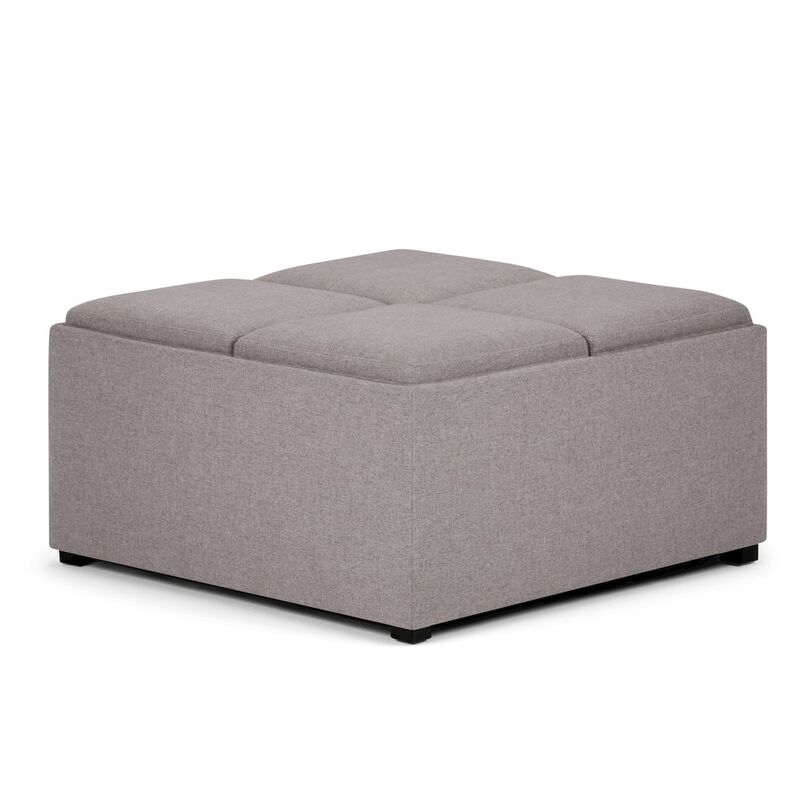 Simpli Home Avalon Square Coffee Table Storage Ottoman In Cloud Grey Linen Look Fabric