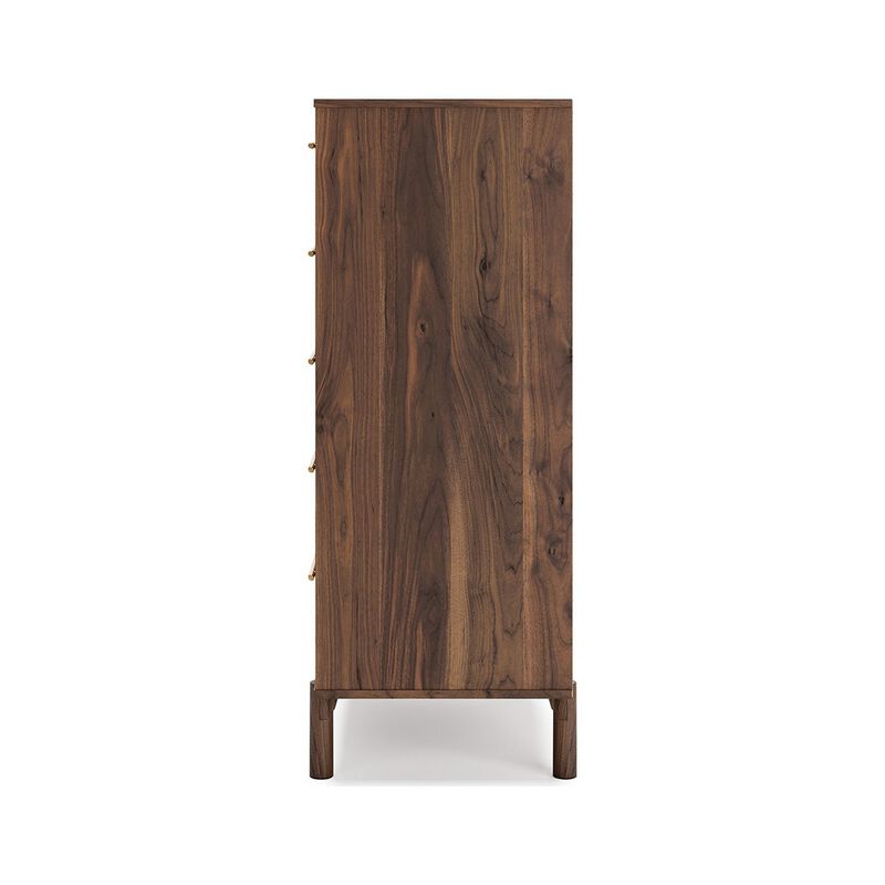Kip 50 Inch 5 Drawer Modern Tall Dresser Chest, Dark Brown, Gold Handles-Benzara