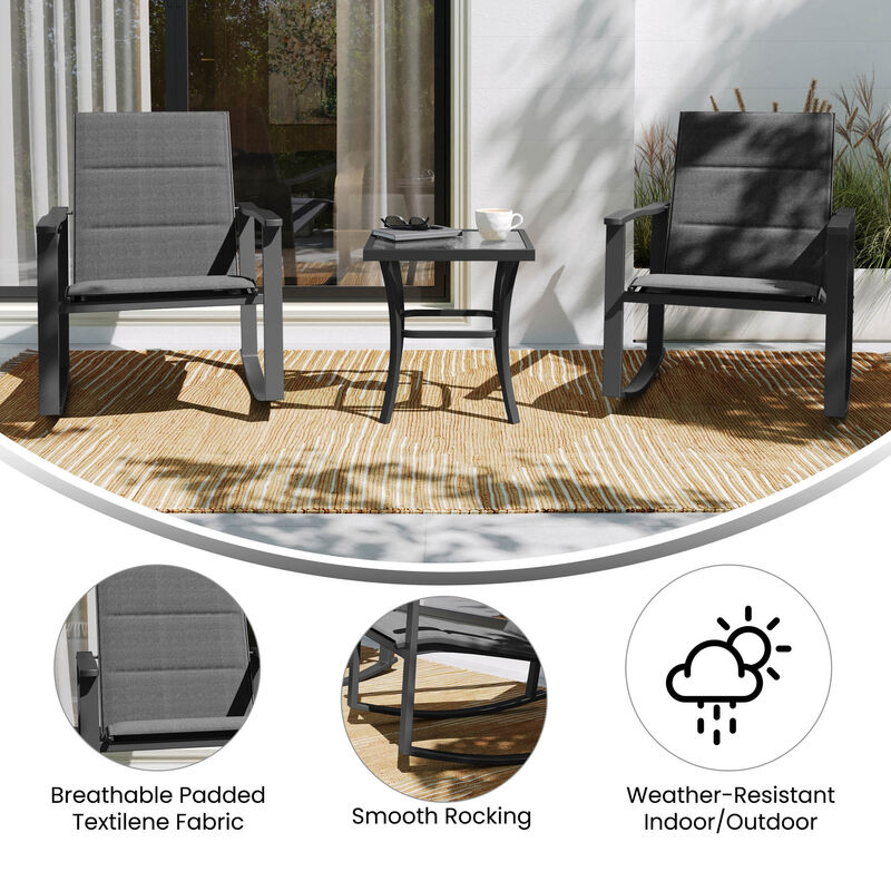 Flash Furniture Brazos 3 Piece Outdoor Rocking Chair Bistro Set with Flex Comfort Material and Steel Framed Glass Top Table