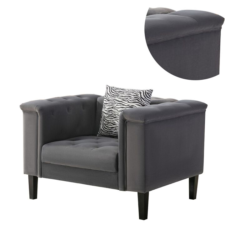 Aki 44 Inch Accent Chair with Pillow, Deep Button Tufted, Gray Velvet-Benzara