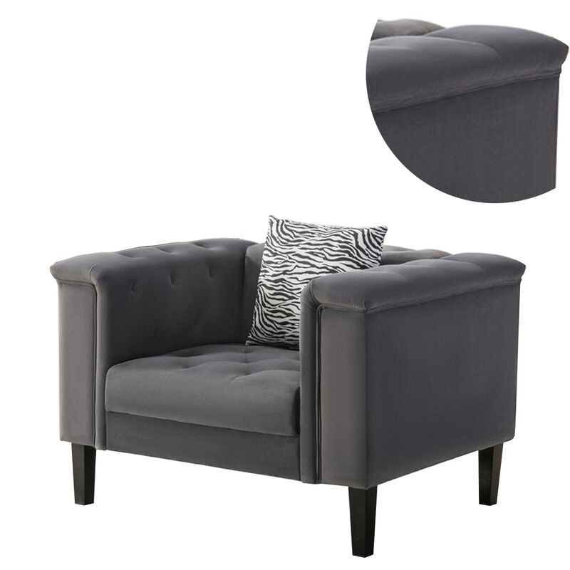 Aki 44 Inch Accent Chair with Pillow, Deep Button Tufted, Gray Velvet-Benzara