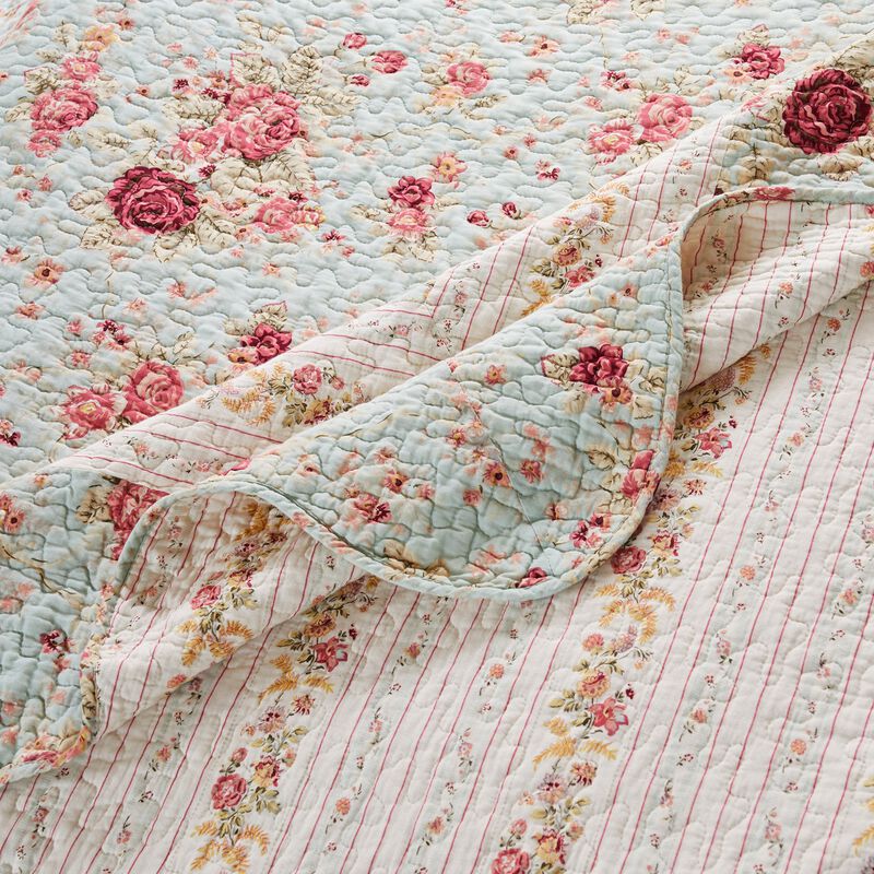 Rosle 3pc Queen Bedspread Set, 2 Shams, Reversible Rose Print, Blue Cotton