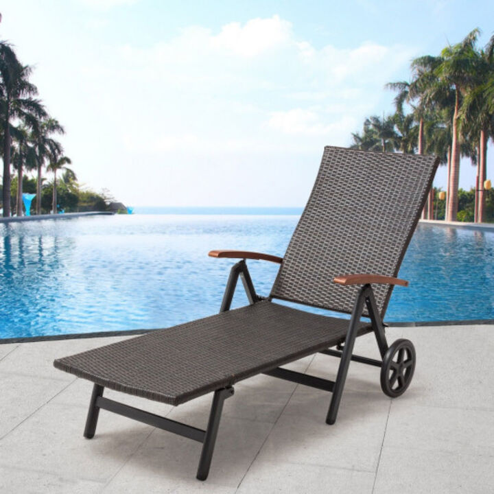 Folding Back Adjustable Aluminum Rattan Recliner Lounger w/ Wheels