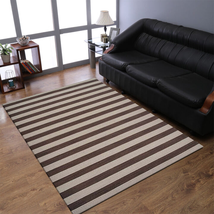 RUGSOTIC CARPETS HAND WOVEN FLAT WEAVE KILIM WOOL ECO-FRIENDLY AREA RUGS  - 8'x10', Rectangle Shape, Cream Brown Color, Contemporary Modern Design, Low Pile Handmade Rugs for Living Room (D00107)