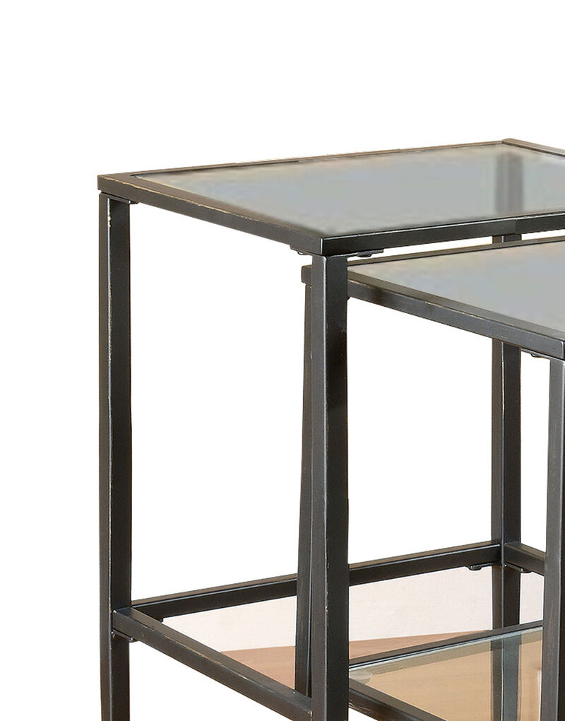Set Of 2 Metal Nesting Tables With Glass Top, Black-Benzara