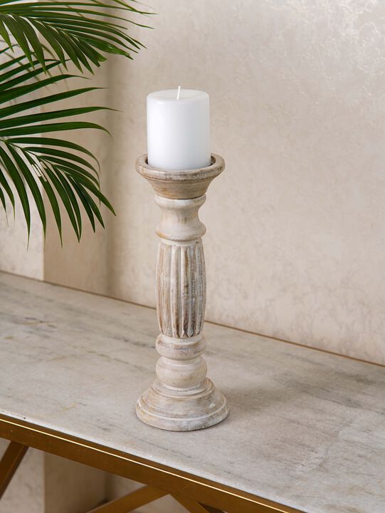 Traditional Antique White Eco-friendly Handmade Mango Wood Set Of One 12" Pillar Candle Holder