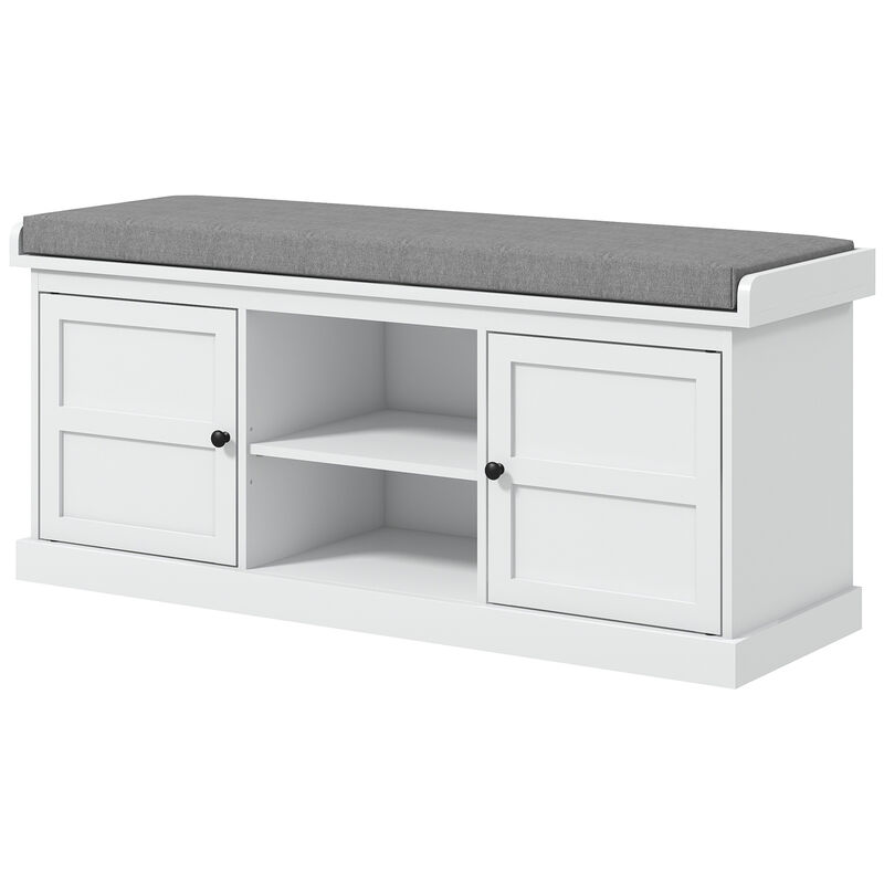 HOMCOM Storage Shoe Bench with Cushion, 2 Cabinets for Entryway, White