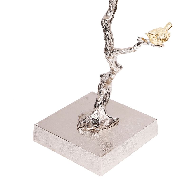28 Inch Accent Table, Artful Branch Like Frame, Gold Bird Accents, Silver - Benzara