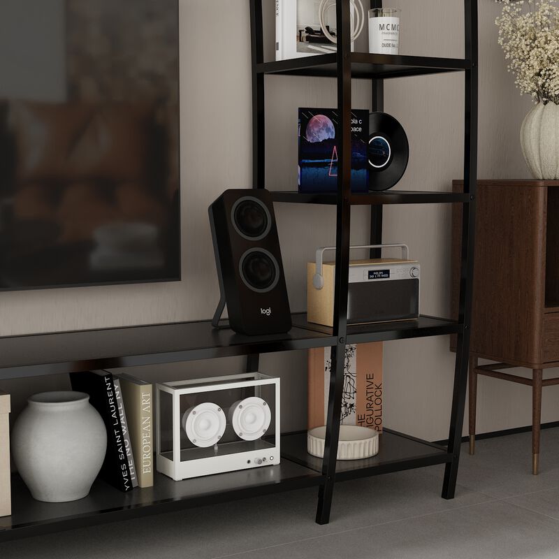 FUFU&GAGA 85.4" Black Metal Frame Bookcase with Open Shelves for TV Stand or Home Display (85.4" W x 13.8" D x 59" H),White