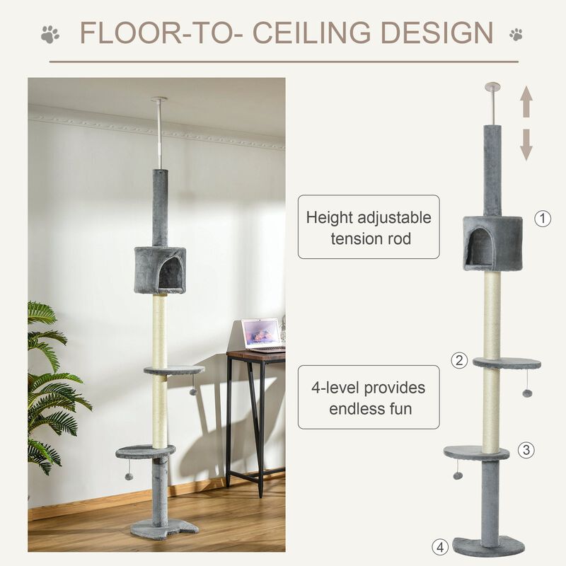 Grey Feline Playground: 85.5" Adjustable Height 4-Tier Cat Tree