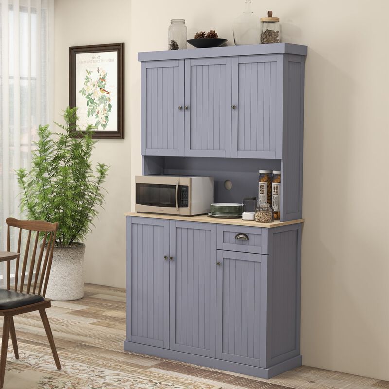 71" Farmhouse Buffet Hutch: Gray, Microwave Space, Adjustable Shelves