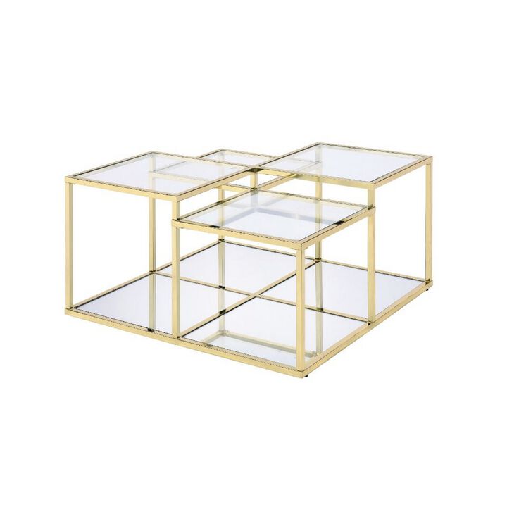 Coffee Table with Glass Top and Tubular Frame, Gold-Benzara