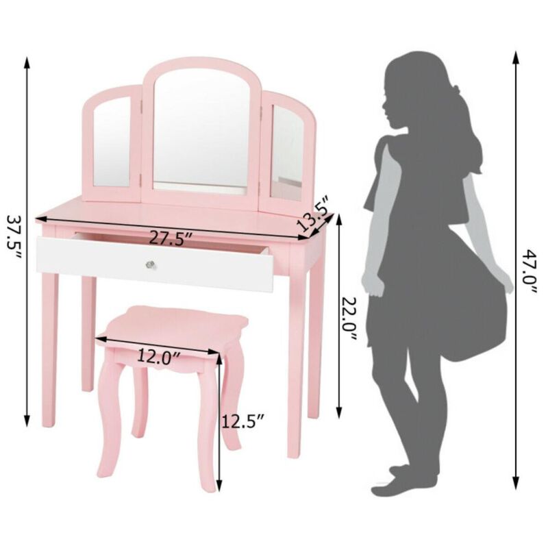 Hivvago Kids Princess Make Up Dressing Table with Tri-folding Mirror and Chair-Pink