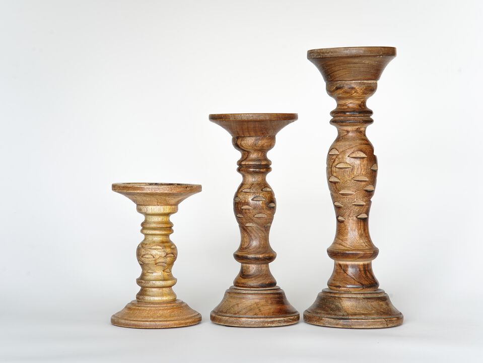 Traditional Medium Burnt Eco-friendly Handmade Mango Wood Set Of Three 6",9" & 12" Pillar Candle Holder