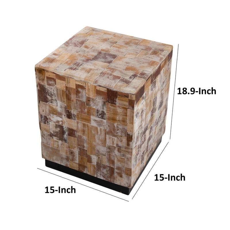 19 Inch Side End Table Stool, Square, Resin Patchwork Style Design, Brown - Benzara