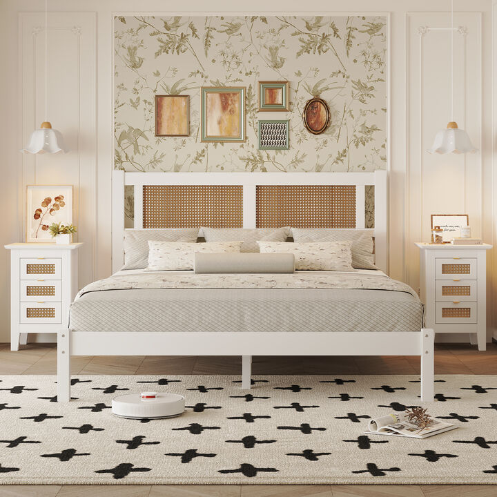 Queen Bed Bedroom Set with Woven Rattan Headboard and Nightstands