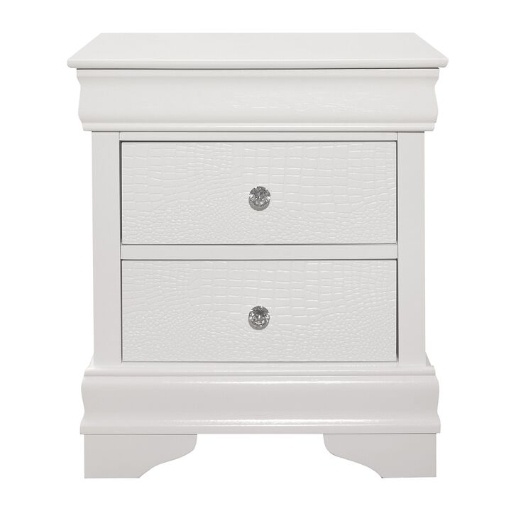Teich 24 Inch Wood Nightstand, 2 Drawers, Textured Panels, Crisp White-Benzara