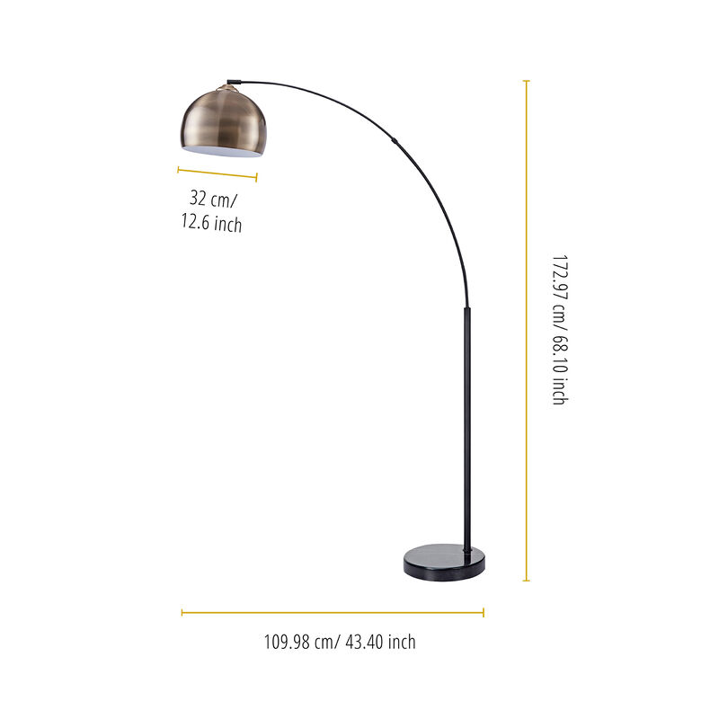 Teamson Home Arquer Arc 68.1" Metal Floor Lamp with Bell Shade, Antique Brass