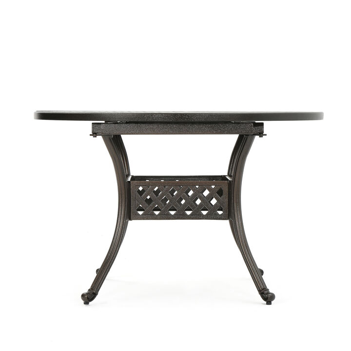 Roch Outdoor Dining Table, 46-61 Inch Expandable, Metal Hammered Bronze - Benzara
