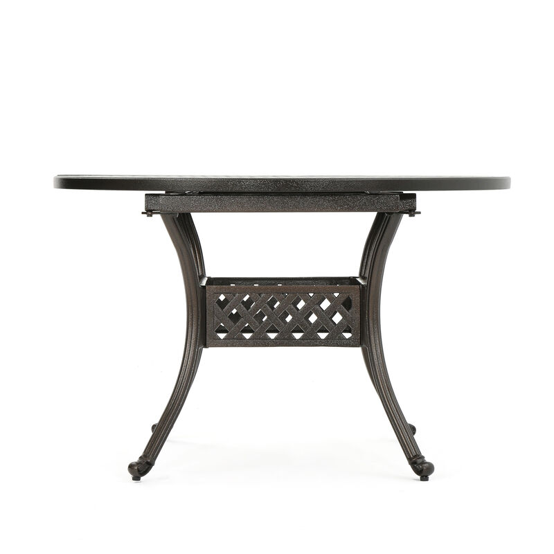Roch Outdoor Dining Table, 46-61 Inch Expandable, Metal Hammered Bronze - Benzara