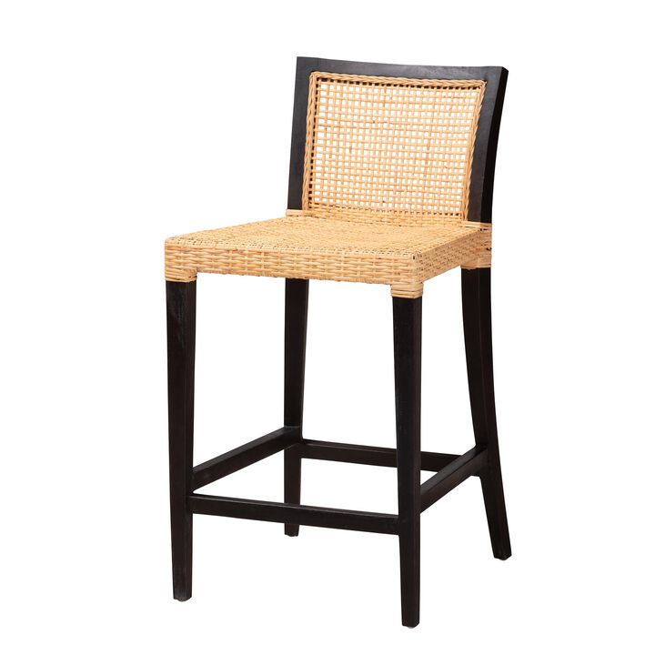 Bali & Pari Lingga Modern Dark Brown Mahogany Wood and Natural Rattan Counter Stool