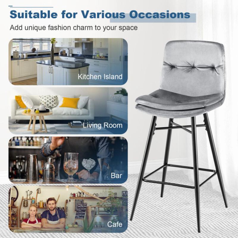 Hivvago 2 Pieces 29 Inch Velvet Bar Stools Set with Tufted Back and Footrests