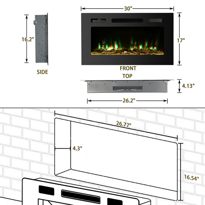 Black 30 in. Wall-Mounted Electric Fireplace with Logs and Crystals, Remote 1500/750W