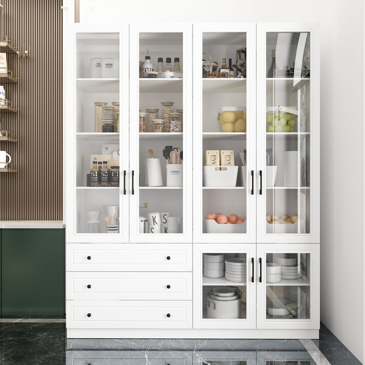 FUFU&GAGA Glass-Front Dining Cabinet with 3 Drawers and Adjustable Shelves,(63" W x 15.7" D x 78.7" H),White