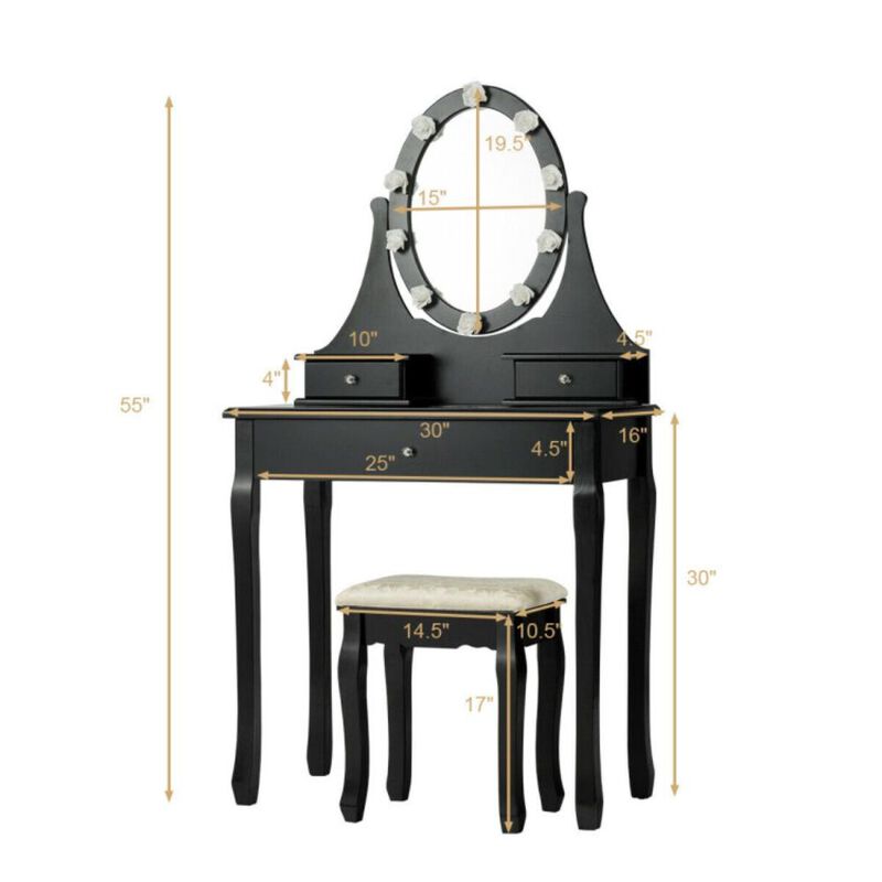 Hivvago 3 Drawers Lighted Mirror Vanity Dressing Table Stool Set-Black