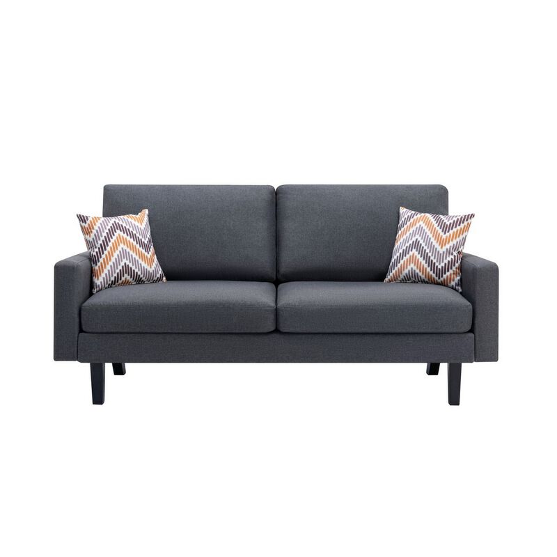Gala 2pc Sofa and Chair Set, Slate Gray Fabric, 2 Pillows, Black Wood Frame-Benzara