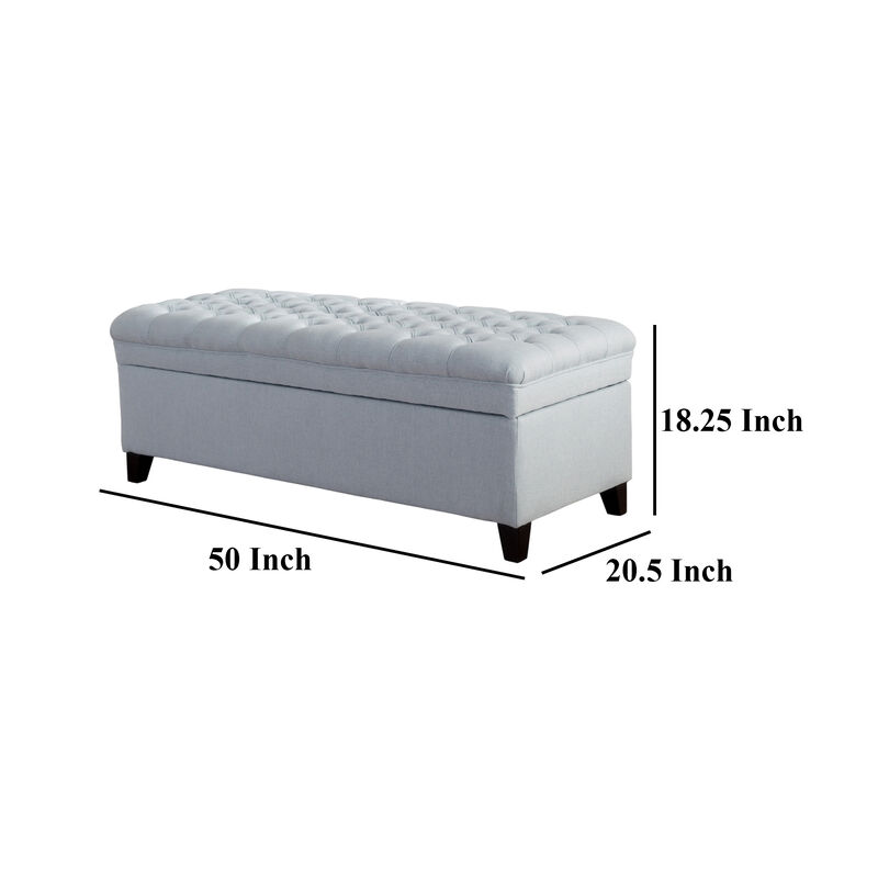 Rhya Storage Ottoman Bench, Light Blue Fabric, Black Wood, 50 Inch - Benzara