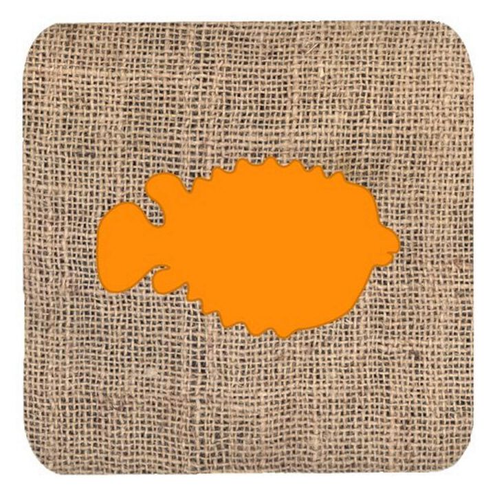 Caroline's Treasures BB1016-BL-OR-FC Fish-Blowfish Burlap and Orange Foam Coasters (Set of 4), 3.5 H x 3.5 W, Multicolor