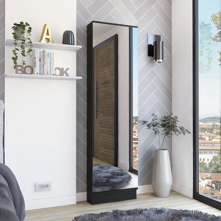 Leto XL Shoe Rack, Mirror, Five Interior Shelves, Single Door Cabinet - Black